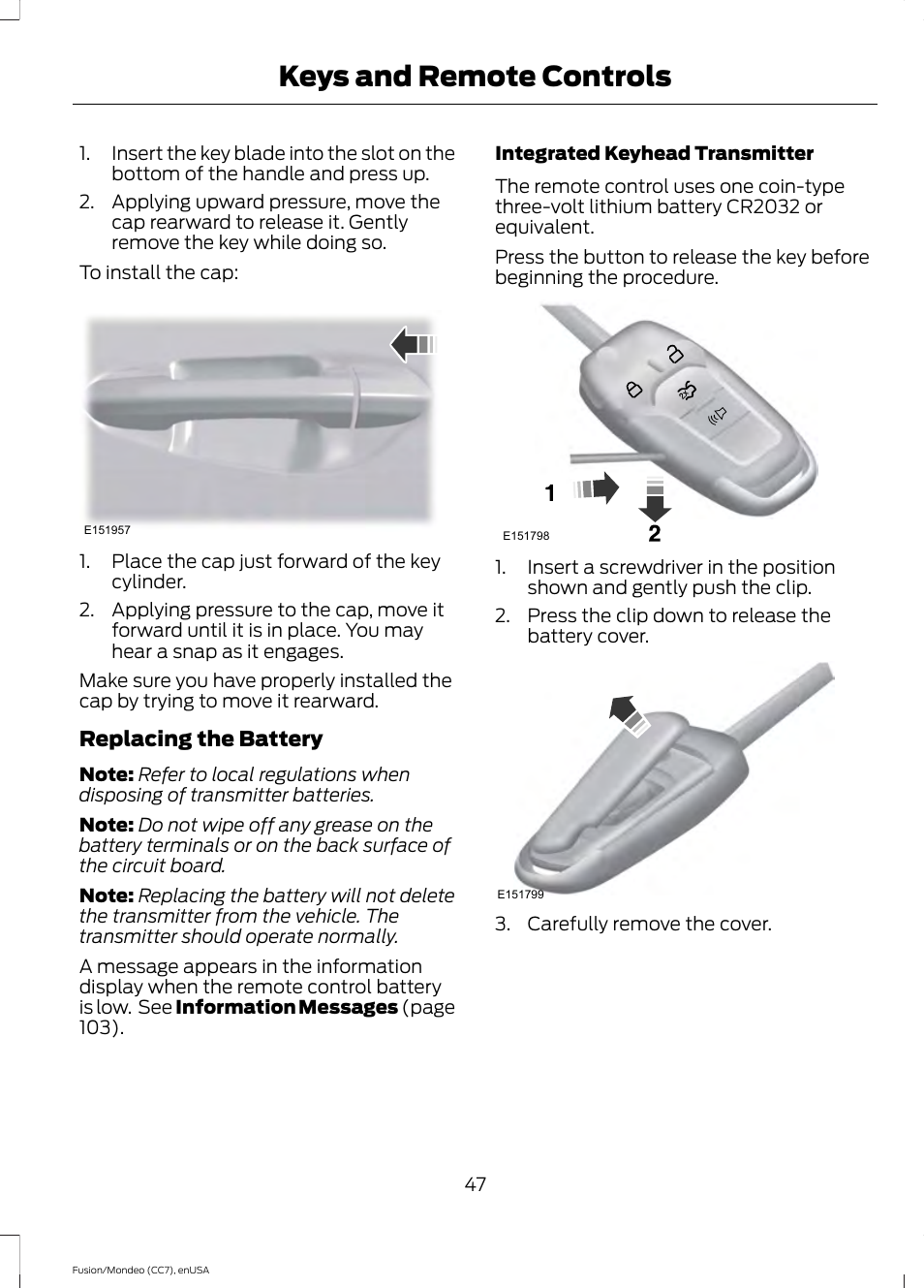 Keys and remote controls | FORD 2015 Fusion User Manual | Page 50 / 488