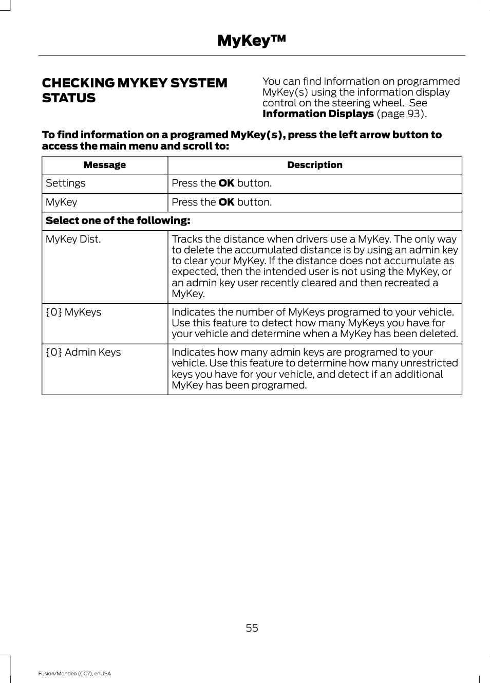 Checking mykey system status, Mykey | FORD 2015 Fusion User Manual | Page 58 / 488