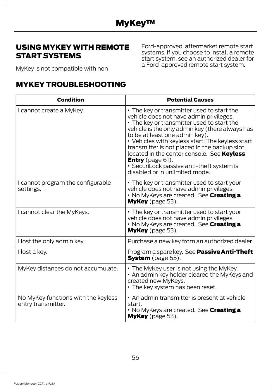 Using mykey with remote start systems, Mykey troubleshooting, Using mykey with remote start | Systems, Mykey | FORD 2015 Fusion User Manual | Page 59 / 488