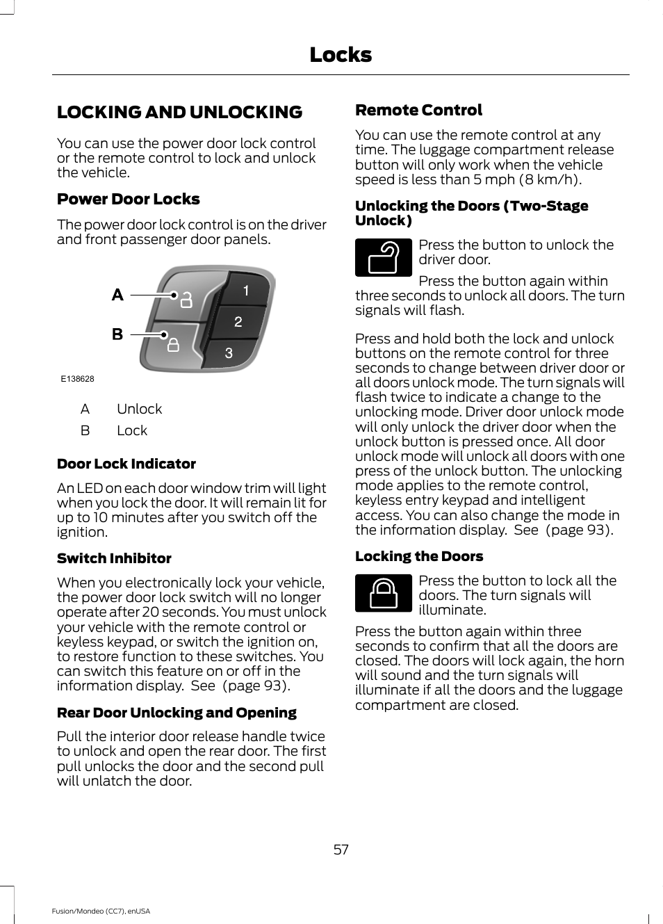 Locks, Locking and unlocking | FORD 2015 Fusion User Manual | Page 60 / 488