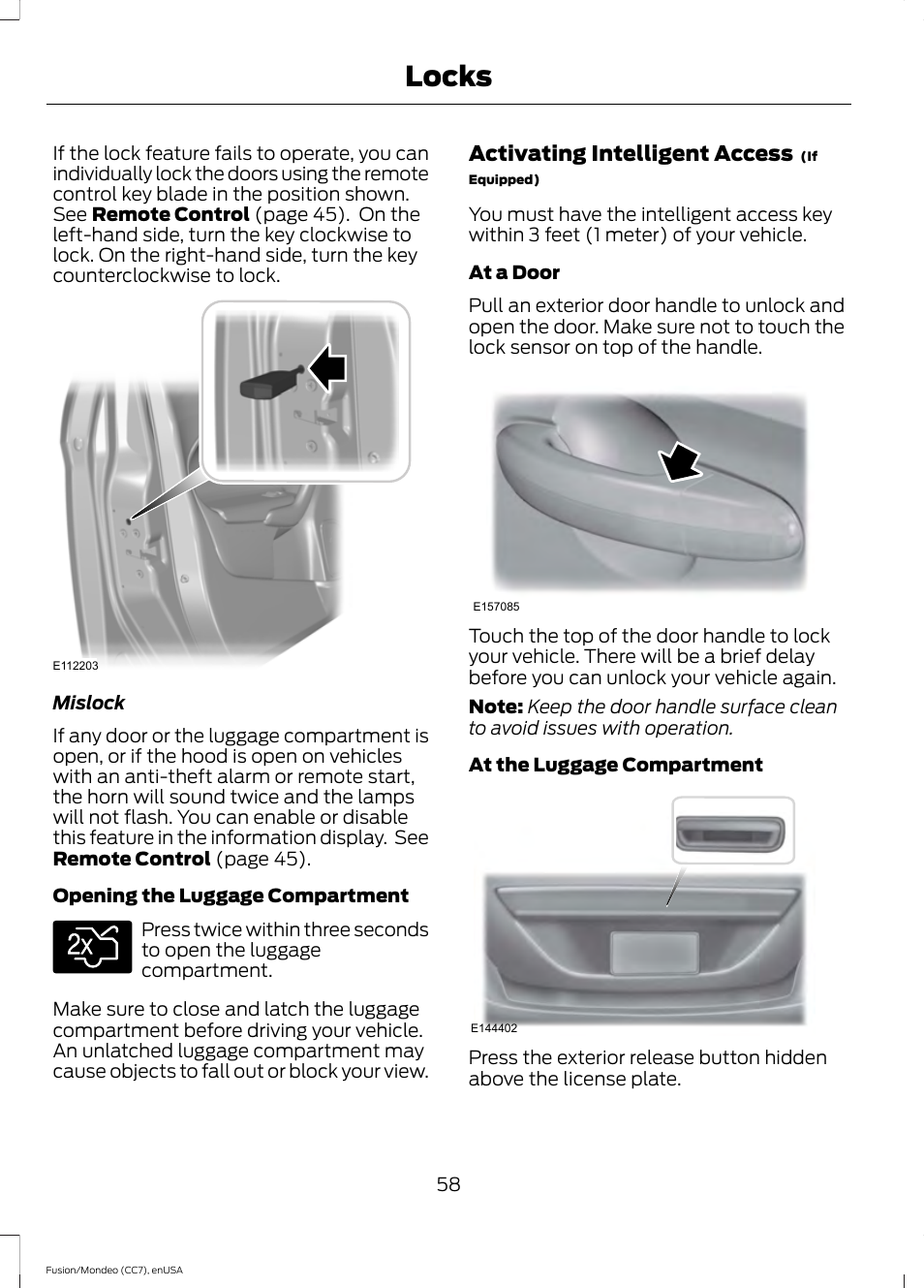 Locks, Activating intelligent access | FORD 2015 Fusion User Manual | Page 61 / 488