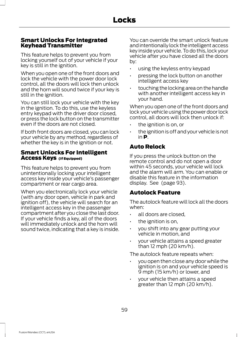 Locks | FORD 2015 Fusion User Manual | Page 62 / 488
