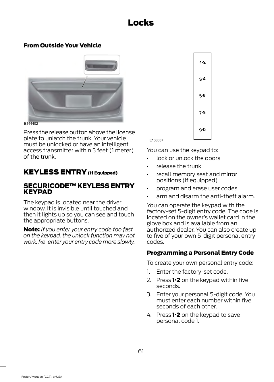 Keyless entry, Locks | FORD 2015 Fusion User Manual | Page 64 / 488