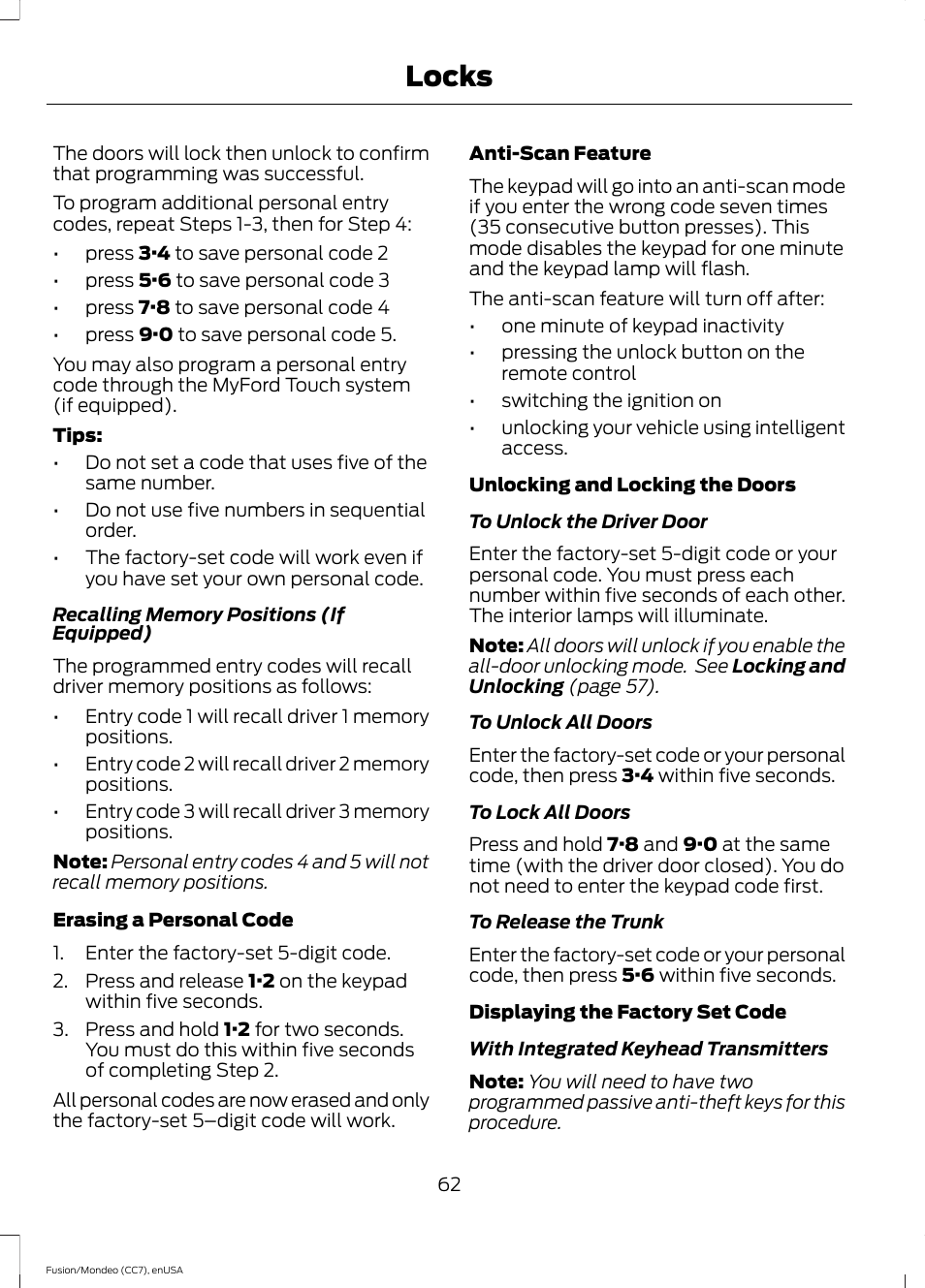 Locks | FORD 2015 Fusion User Manual | Page 65 / 488