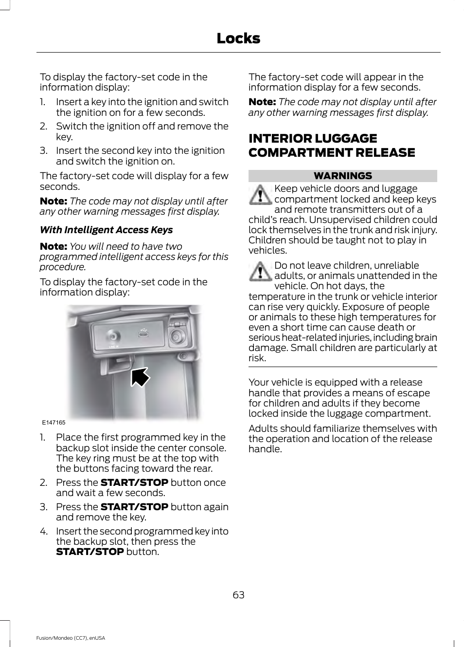 Interior luggage compartment release, Interior luggage compartment, Release | Locks | FORD 2015 Fusion User Manual | Page 66 / 488