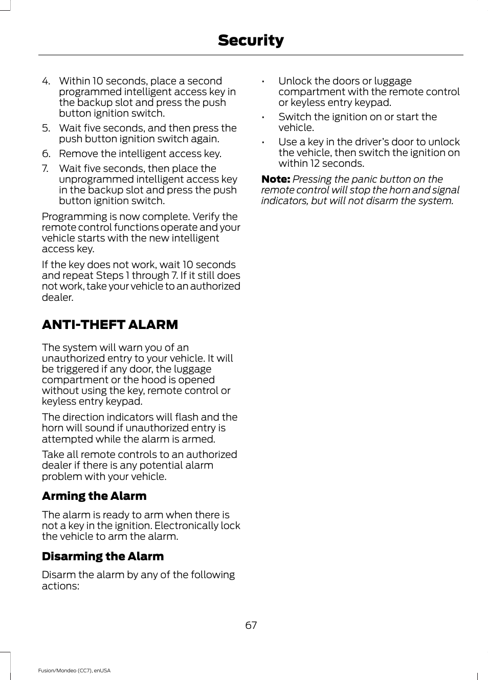Anti-theft alarm, Security | FORD 2015 Fusion User Manual | Page 70 / 488