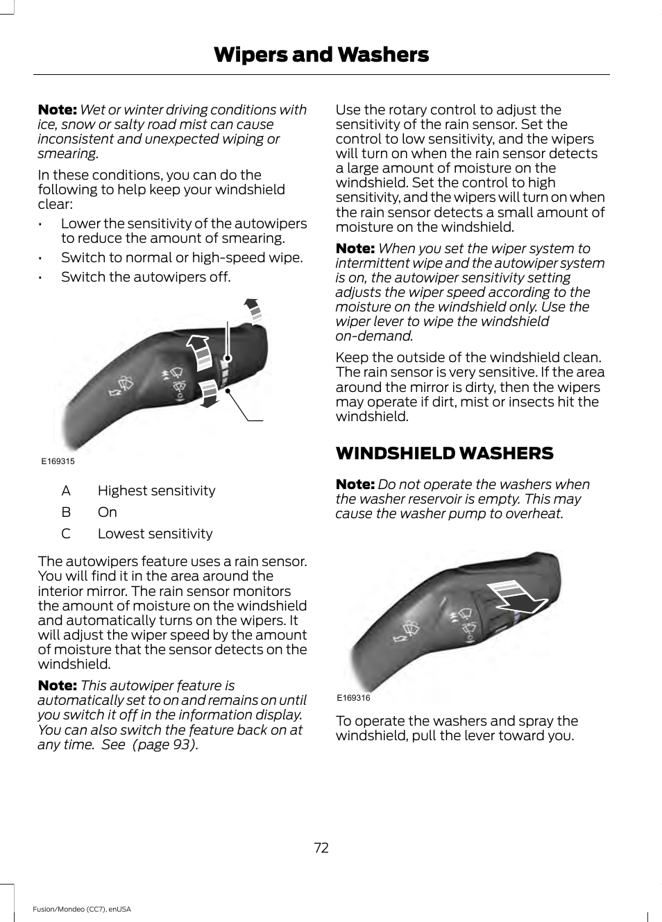 Windshield washers, Wipers and washers, Ac b | FORD 2015 Fusion User Manual | Page 75 / 488