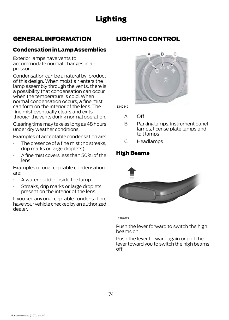 Lighting, General information, Lighting control | General information lighting control | FORD 2015 Fusion User Manual | Page 77 / 488