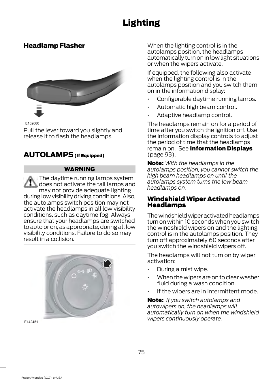 Autolamps, Lighting | FORD 2015 Fusion User Manual | Page 78 / 488