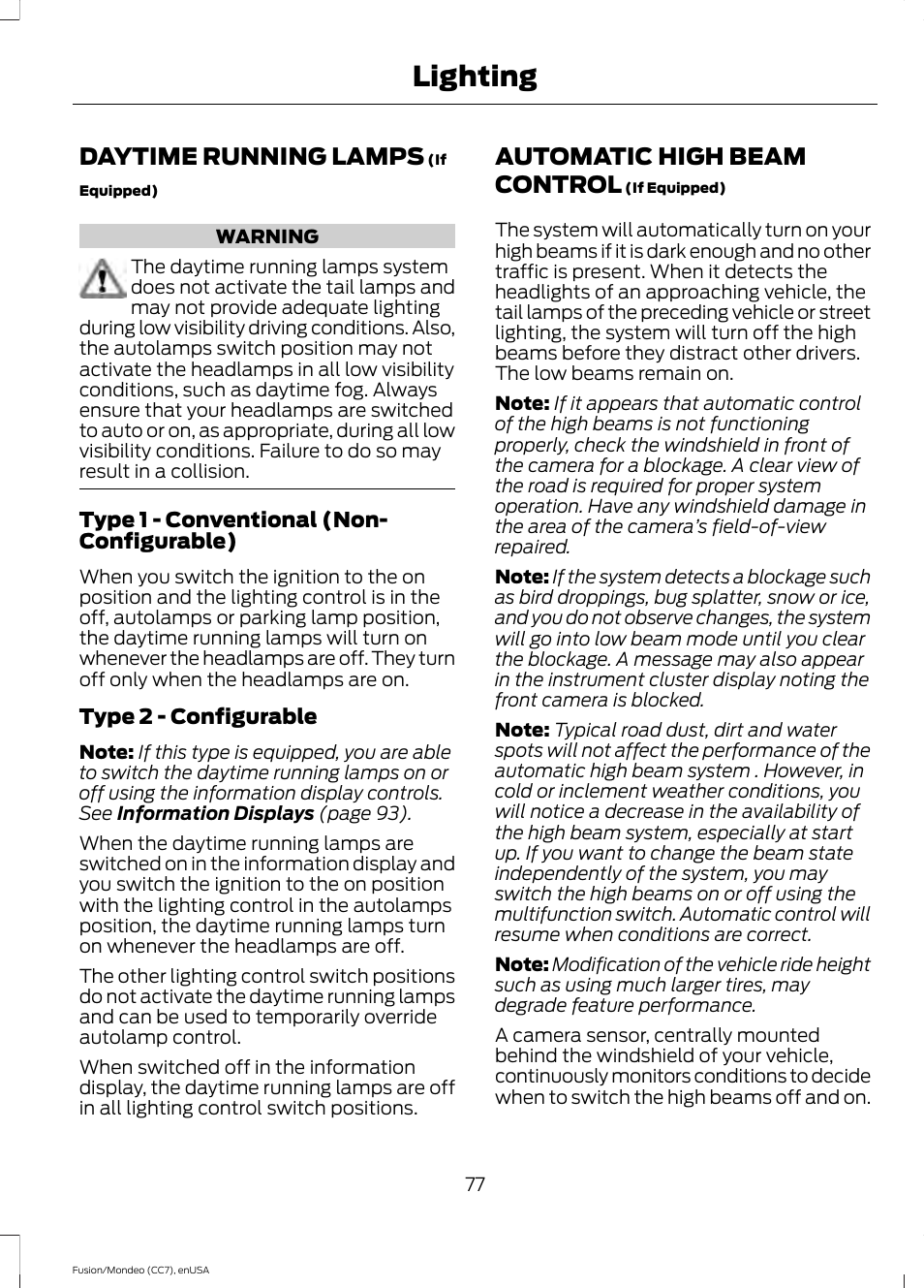 Daytime running lamps, Automatic high beam control, Daytime running lamps automatic high beam control | Lighting | FORD 2015 Fusion User Manual | Page 80 / 488