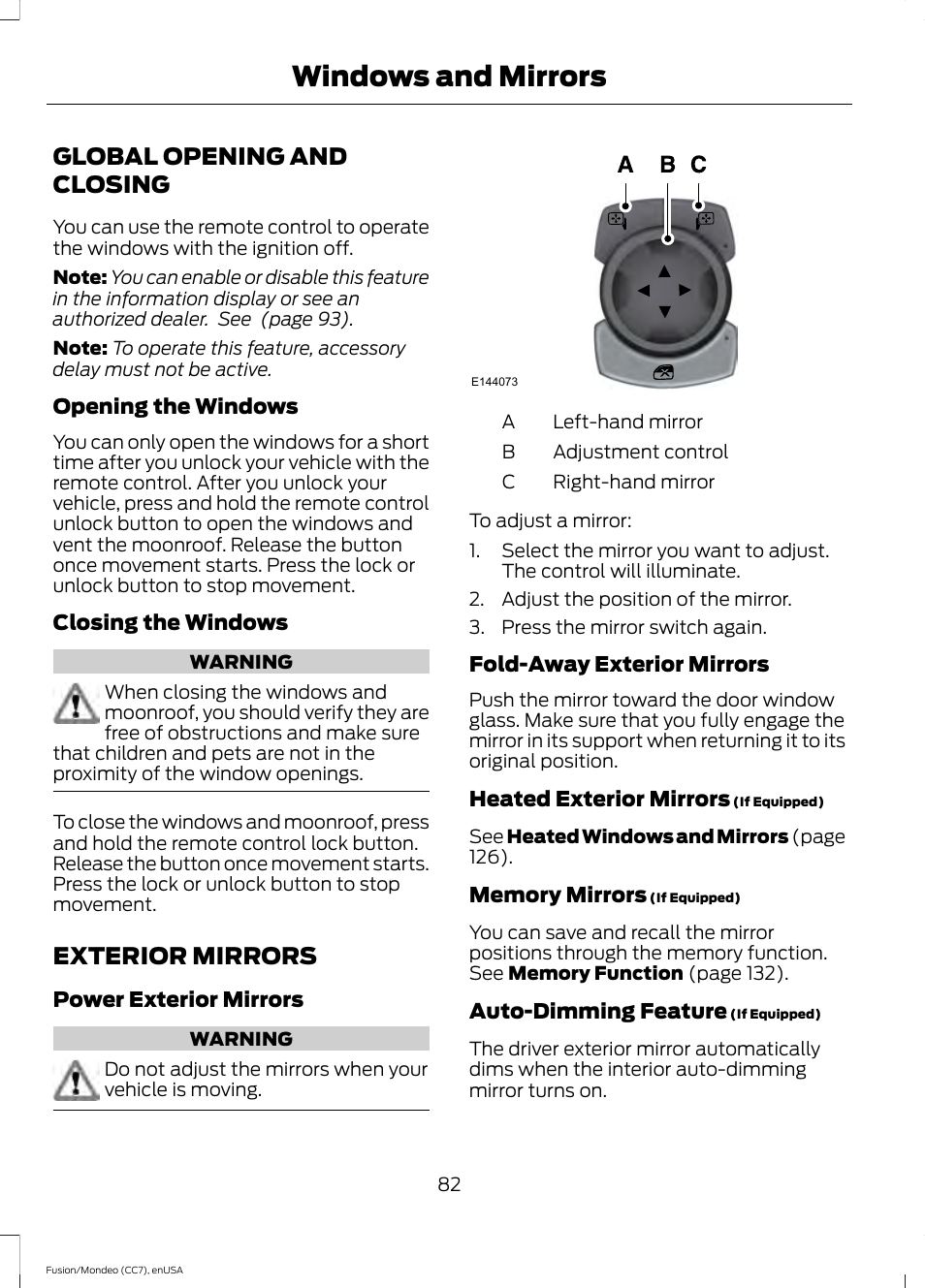 Global opening and closing, Exterior mirrors, Global opening and closing exterior mirrors | Windows and mirrors | FORD 2015 Fusion User Manual | Page 85 / 488