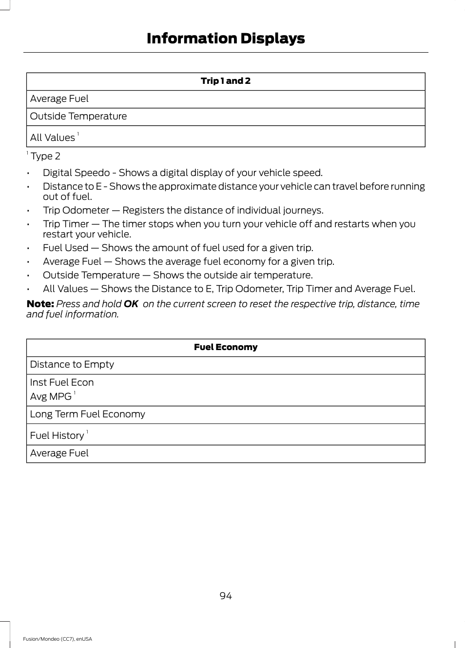 Information displays | FORD 2015 Fusion User Manual | Page 97 / 488