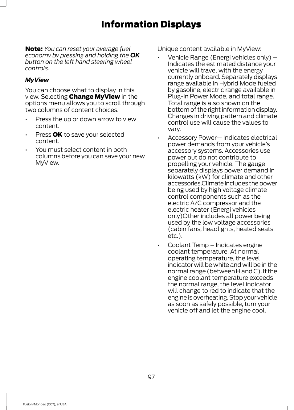Information displays | FORD 2015 Fusion Hybrid User Manual | Page 100 / 498