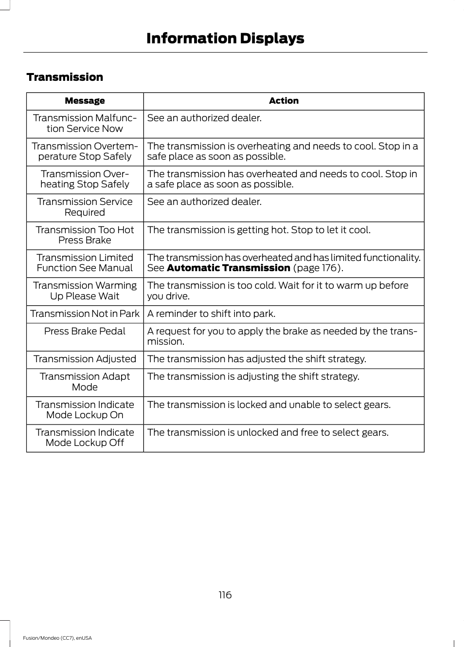 Information displays | FORD 2015 Fusion Hybrid User Manual | Page 119 / 498
