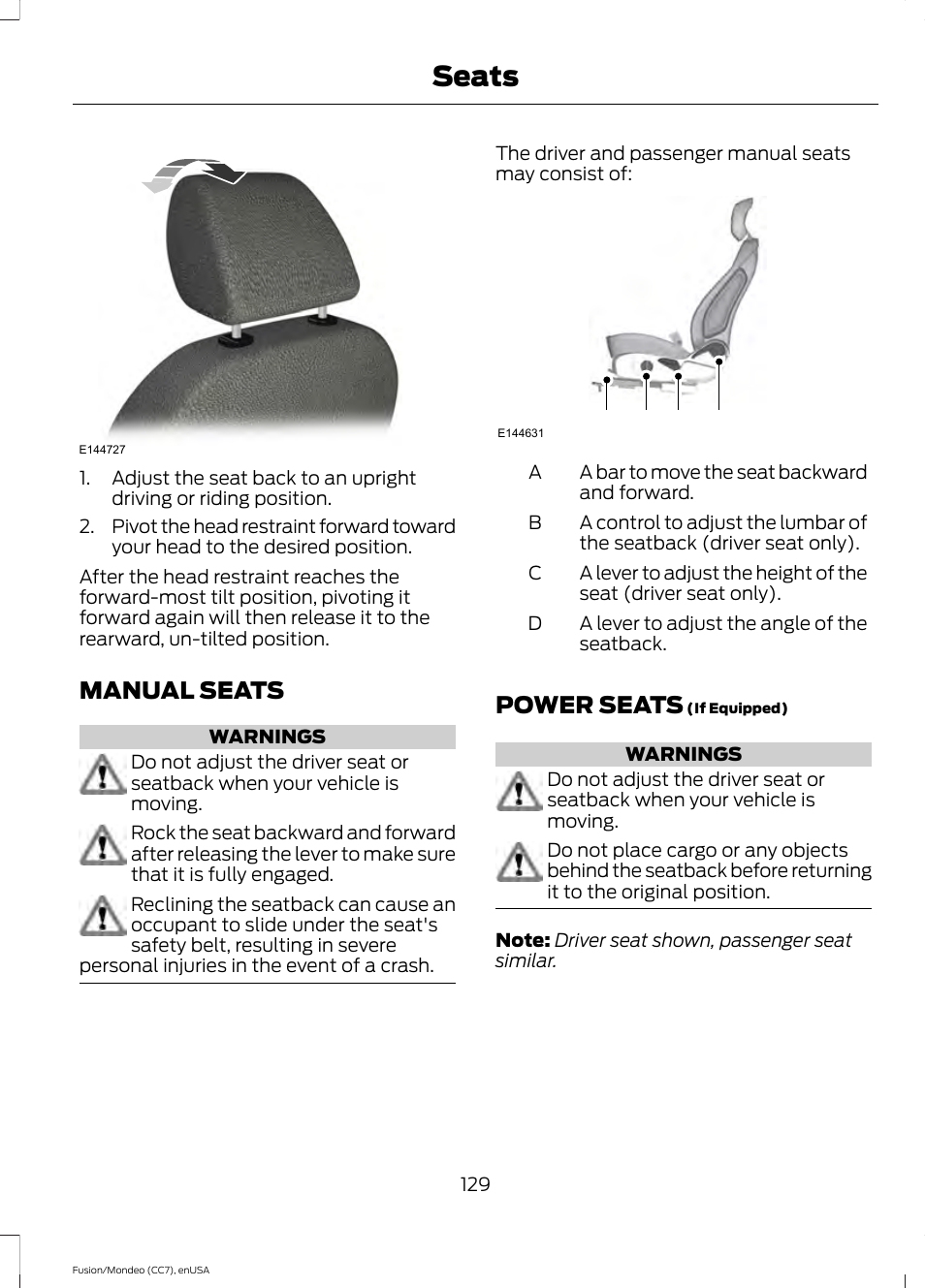 Manual seats, Power seats, Manual seats power seats | Seats, Ab c d | FORD 2015 Fusion Hybrid User Manual | Page 132 / 498