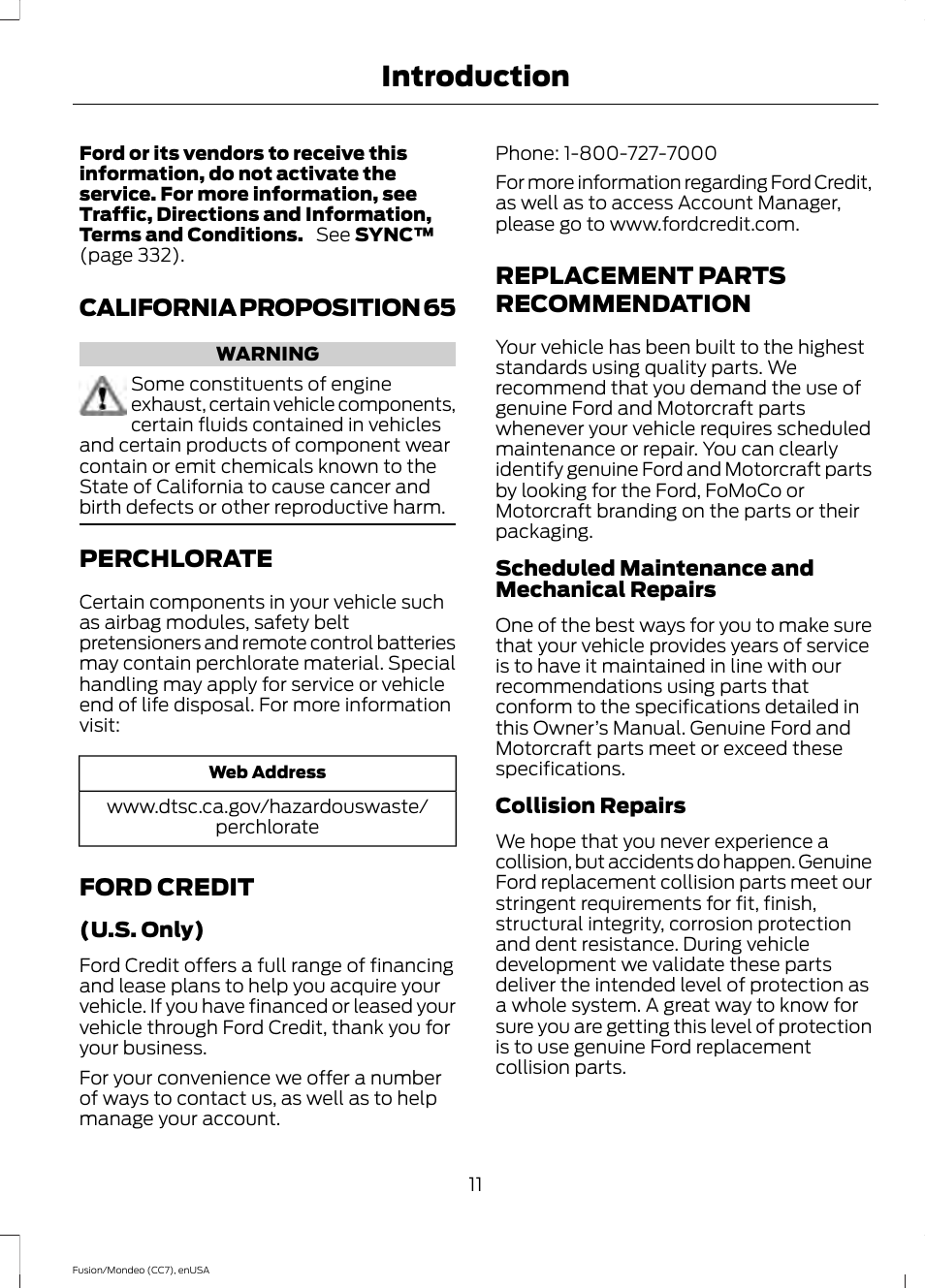 California proposition 65, Perchlorate, Ford credit | Replacement parts recommendation, Recommendation, Introduction | FORD 2015 Fusion Hybrid User Manual | Page 14 / 498