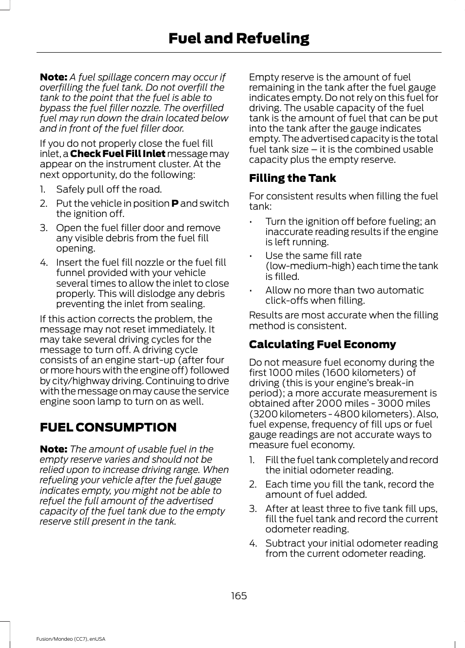 Fuel consumption, Fuel and refueling | FORD 2015 Fusion Hybrid User Manual | Page 168 / 498