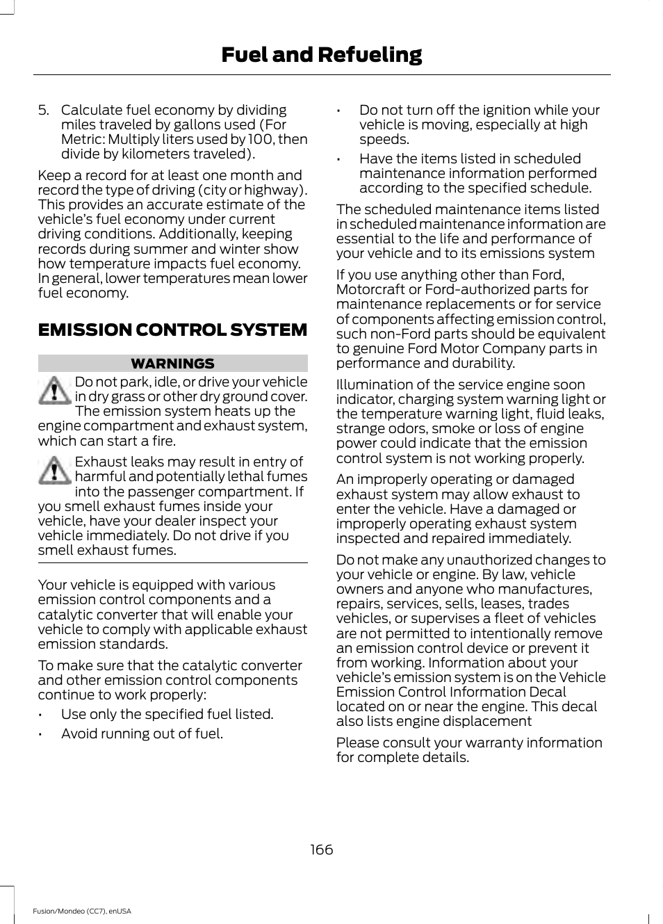 Emission control system, Fuel and refueling | FORD 2015 Fusion Hybrid User Manual | Page 169 / 498