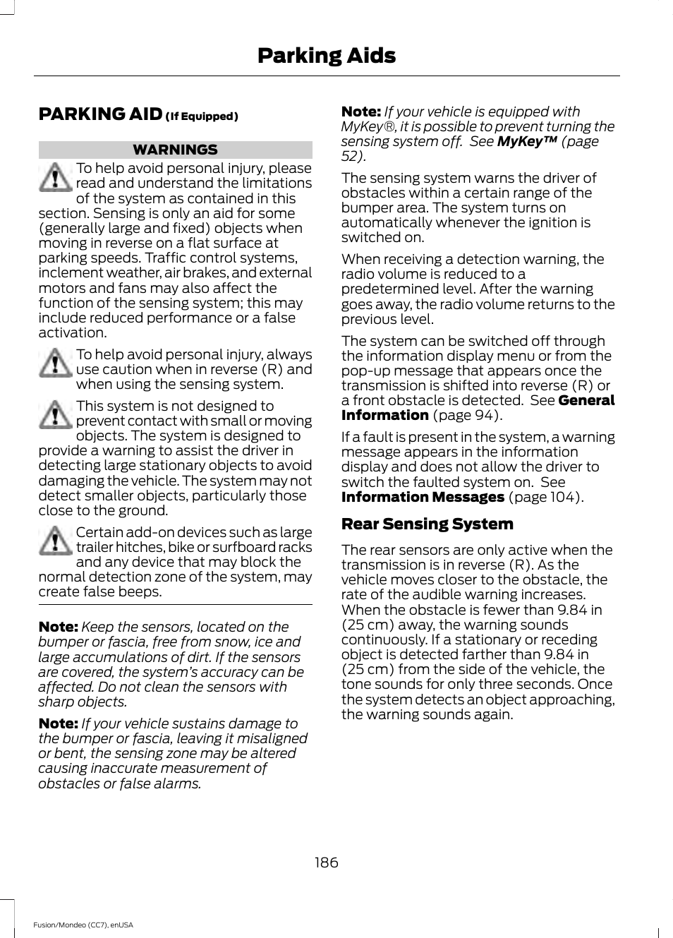 Parking aids, Parking aid | FORD 2015 Fusion Hybrid User Manual | Page 189 / 498