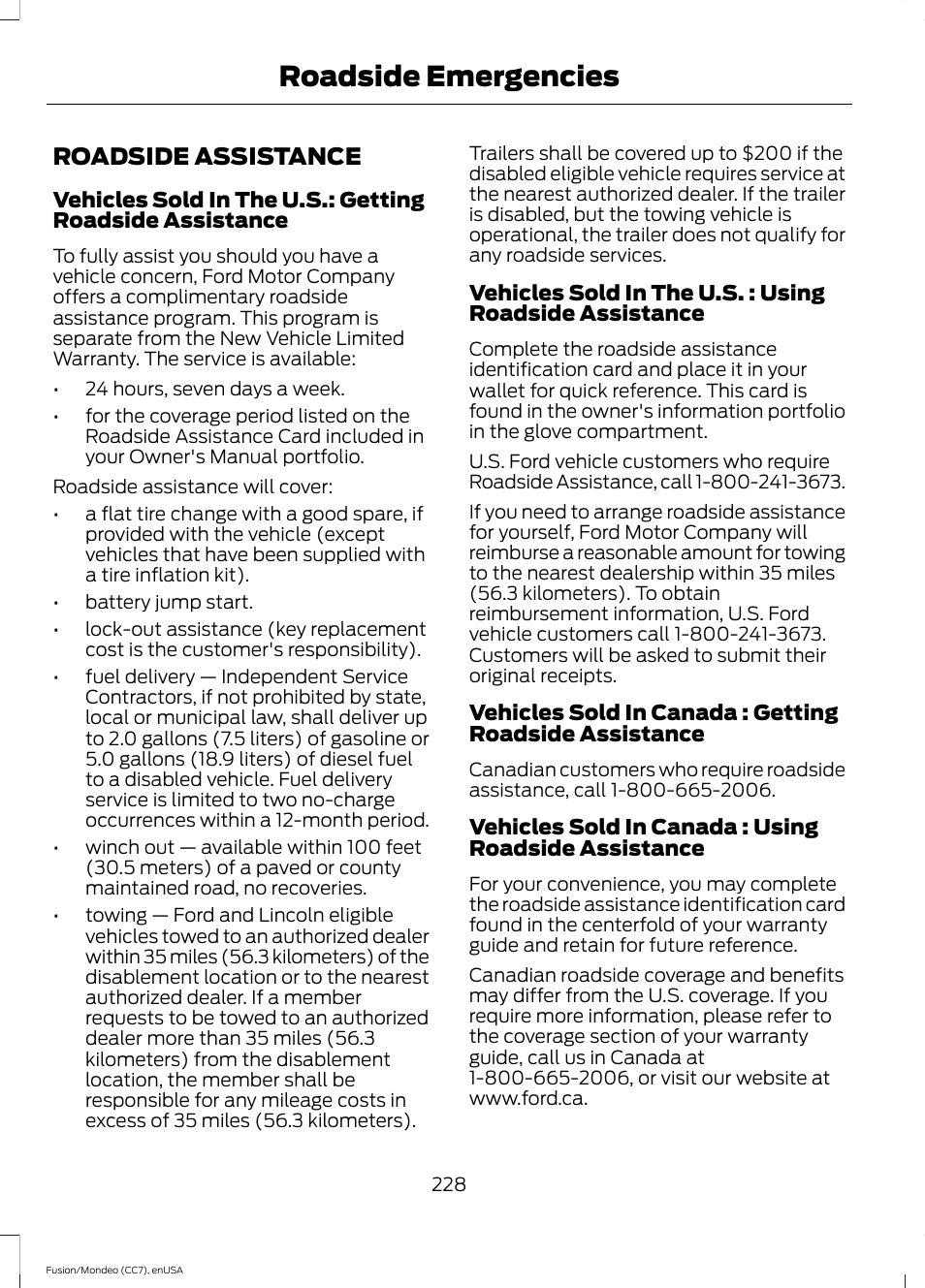Roadside emergencies, Roadside assistance | FORD 2015 Fusion Hybrid User Manual | Page 231 / 498