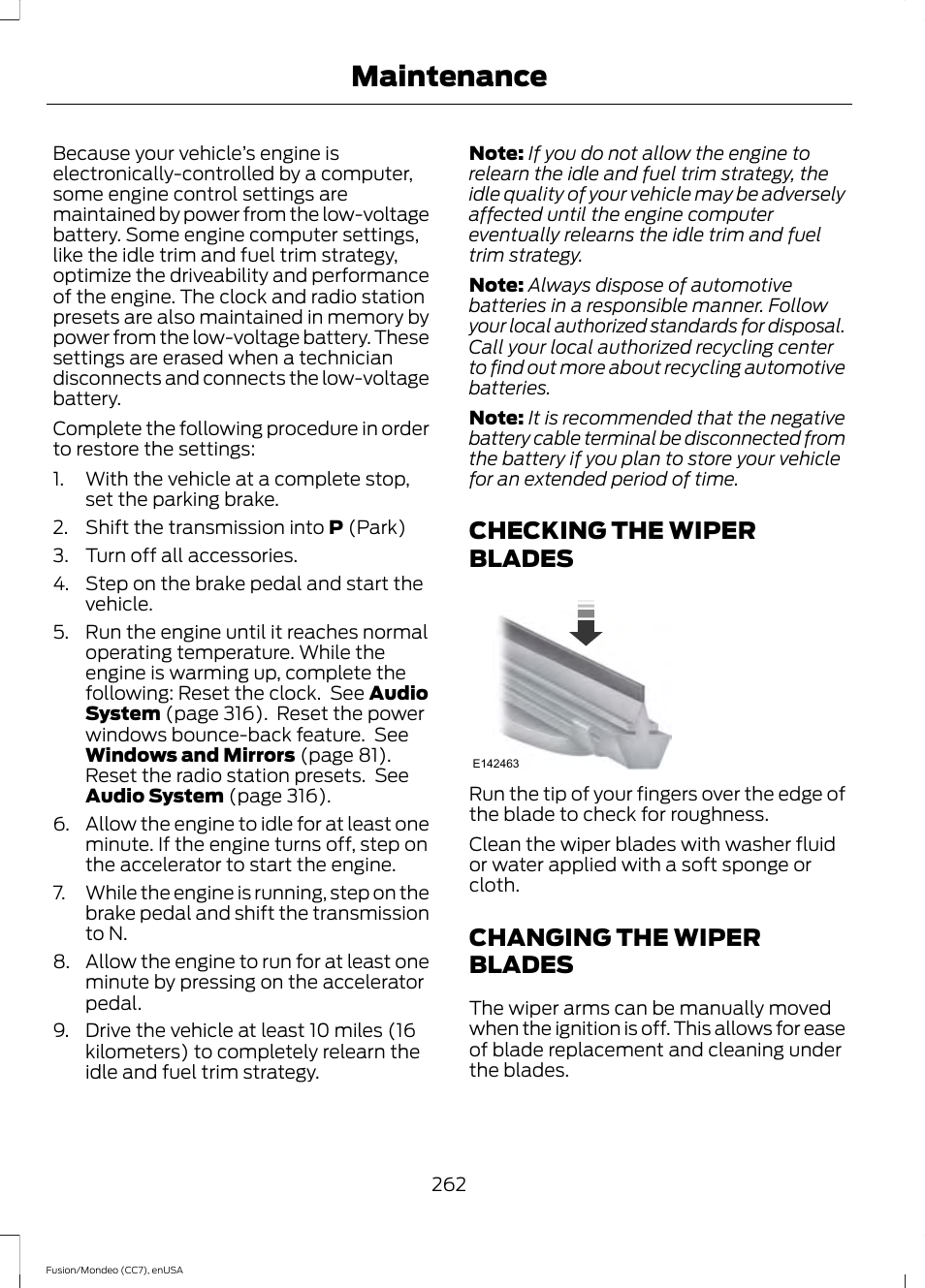 Checking the wiper blades, Changing the wiper blades, Maintenance | FORD 2015 Fusion Hybrid User Manual | Page 265 / 498