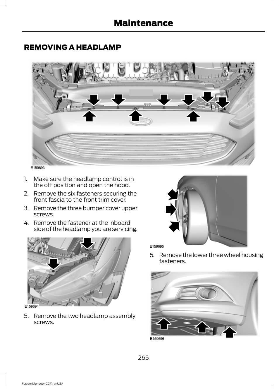 Removing a headlamp, Maintenance | FORD 2015 Fusion Hybrid User Manual | Page 268 / 498