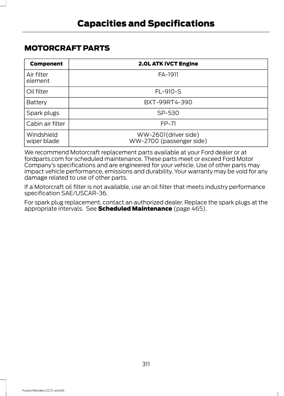Motorcraft parts, Capacities and specifications | FORD 2015 Fusion Hybrid User Manual | Page 314 / 498