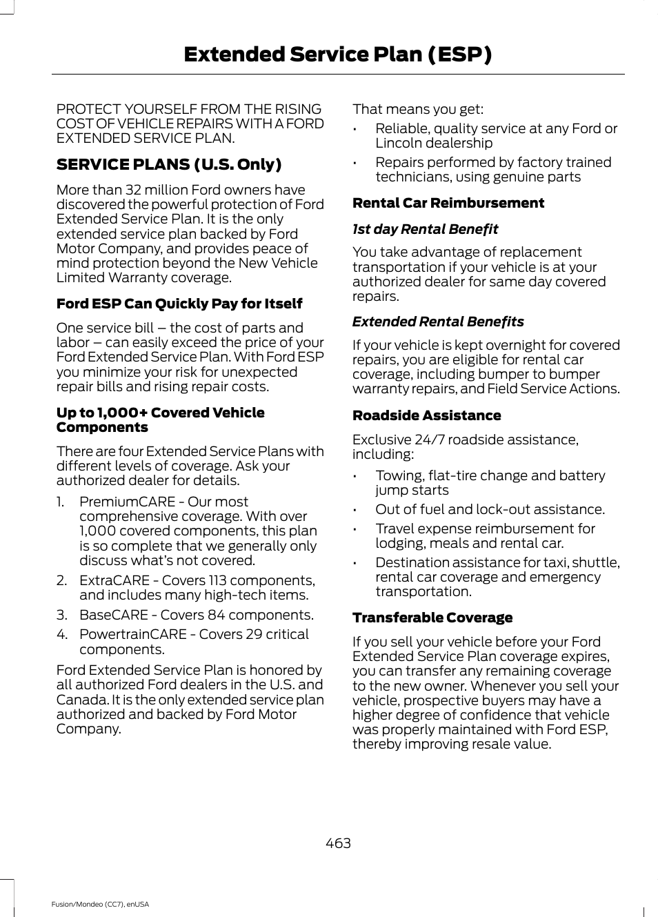 Extended service plan (esp), Extended service plan, Esp) | FORD 2015 Fusion Hybrid User Manual | Page 466 / 498