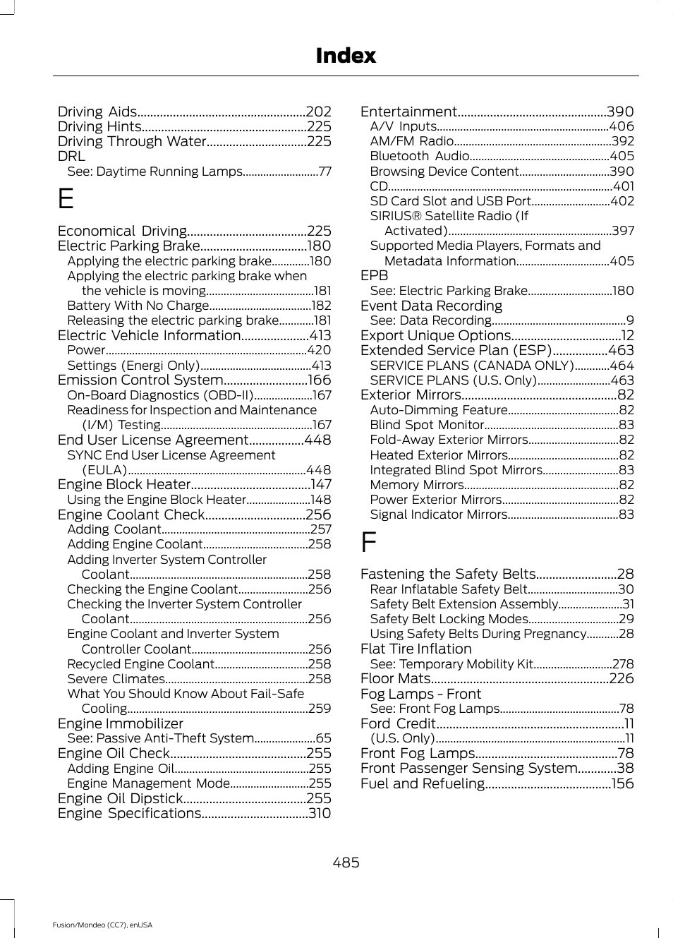 Index | FORD 2015 Fusion Hybrid User Manual | Page 488 / 498