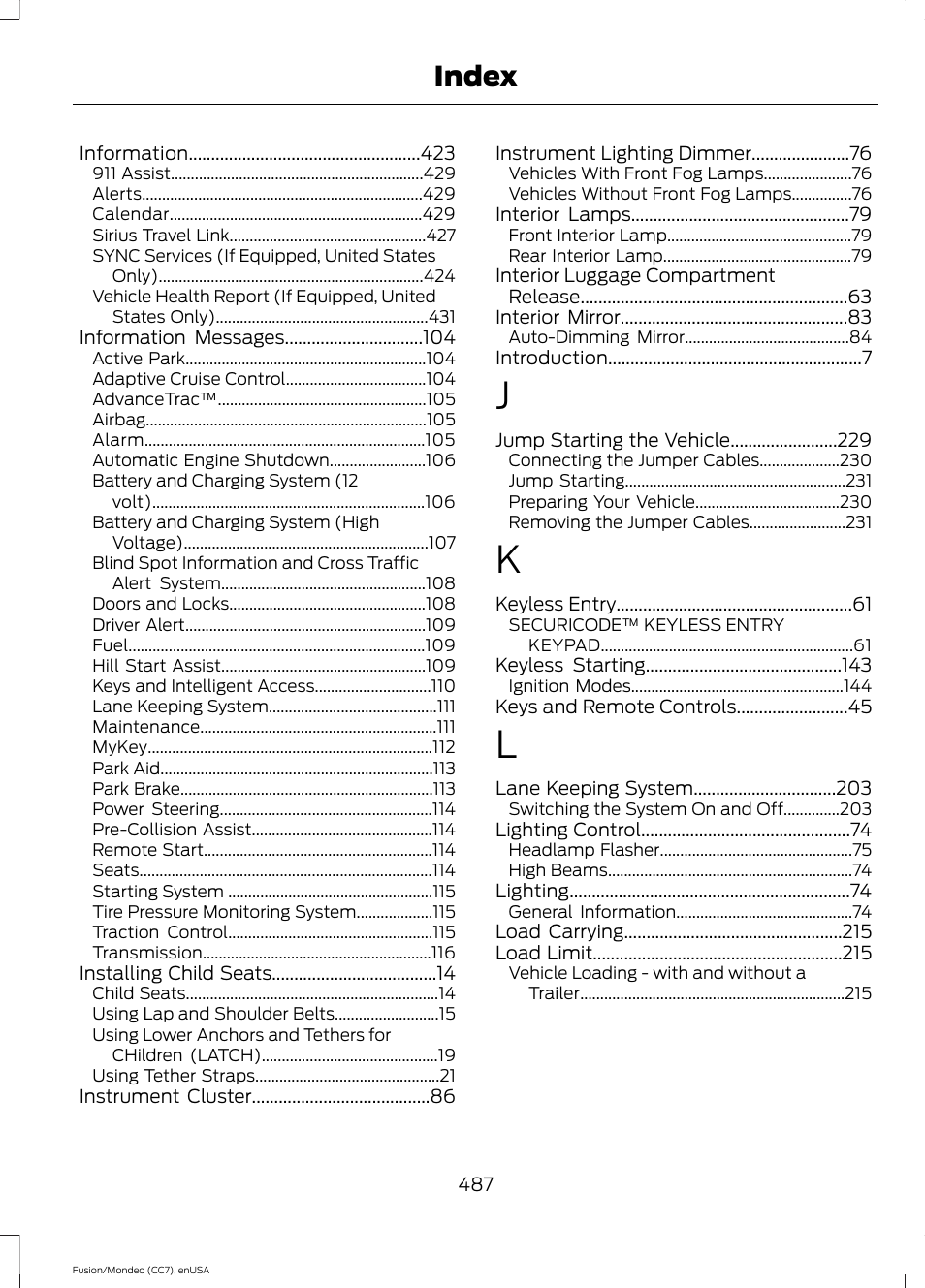 Index | FORD 2015 Fusion Hybrid User Manual | Page 490 / 498