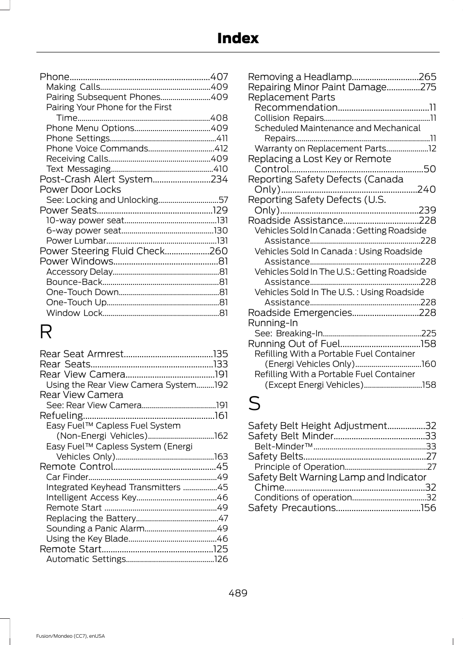 Index | FORD 2015 Fusion Hybrid User Manual | Page 492 / 498