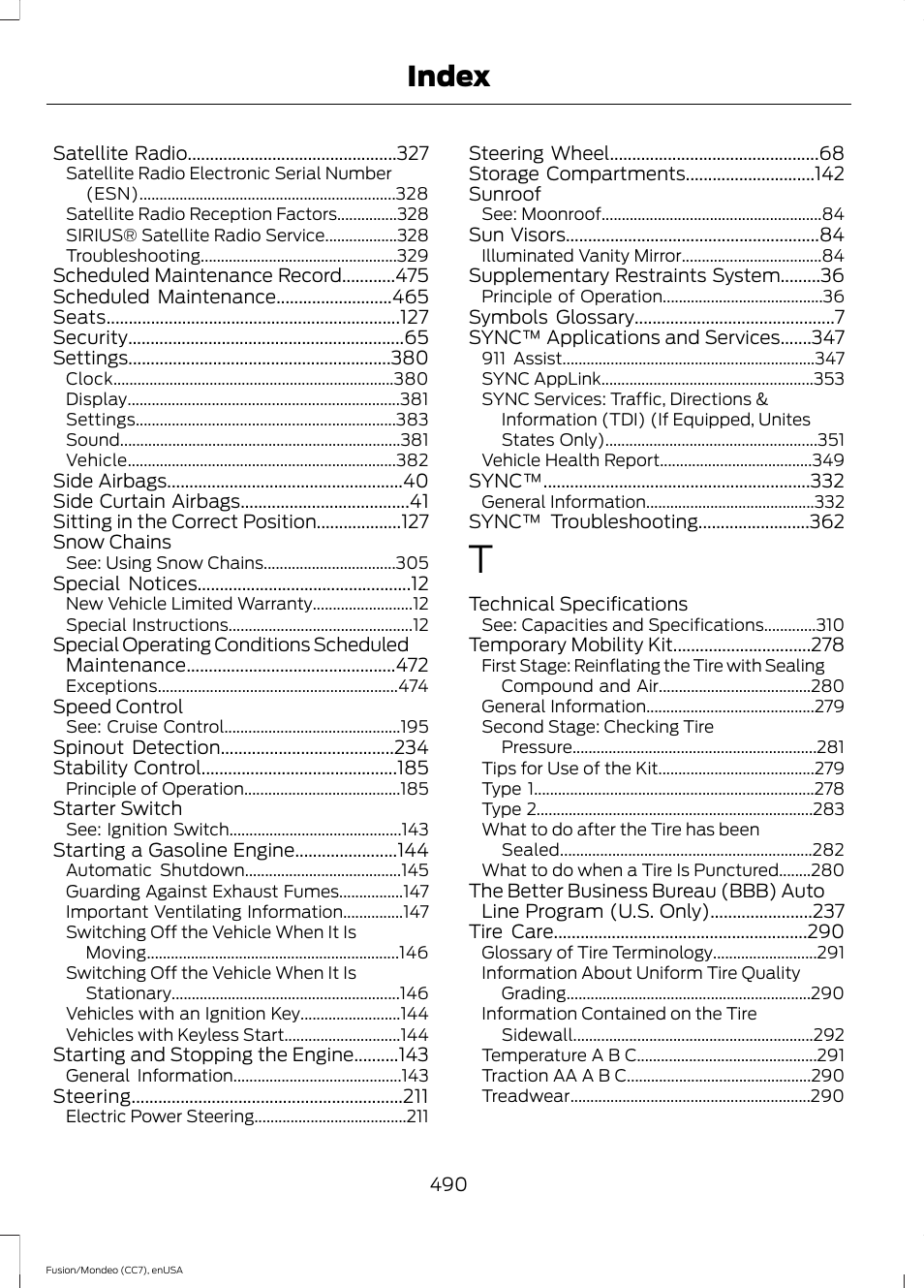 Index | FORD 2015 Fusion Hybrid User Manual | Page 493 / 498