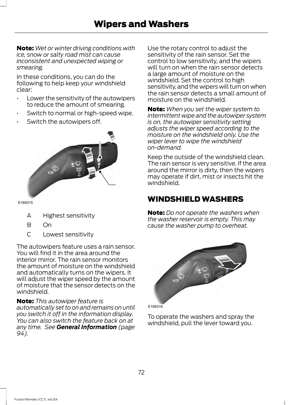 Windshield washers, Wipers and washers, Ac b | FORD 2015 Fusion Hybrid User Manual | Page 75 / 498