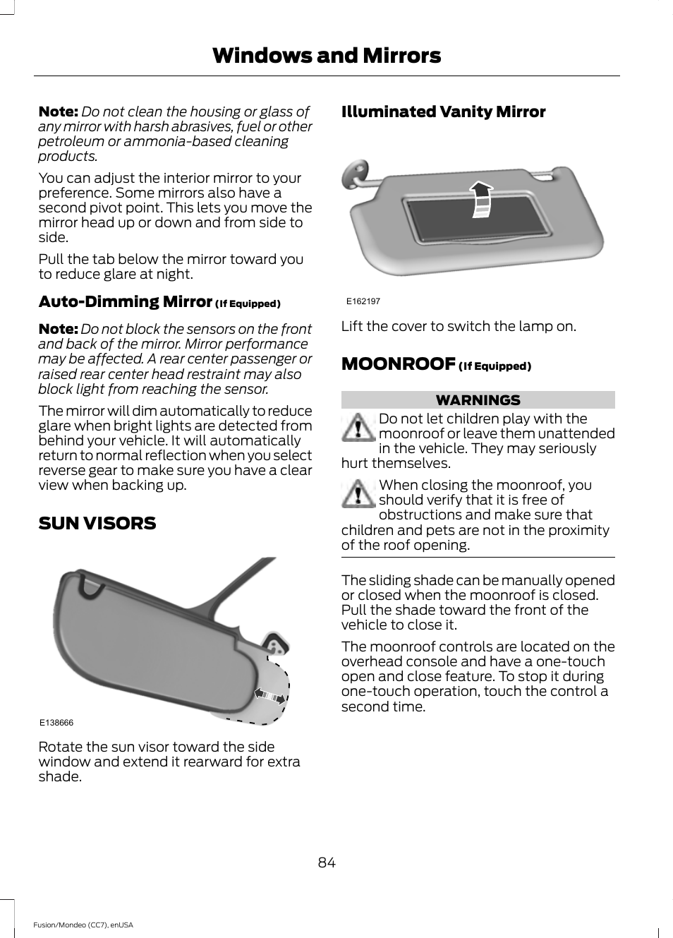 Sun visors, Moonroof, Sun visors moonroof | Windows and mirrors | FORD 2015 Fusion Hybrid User Manual | Page 87 / 498