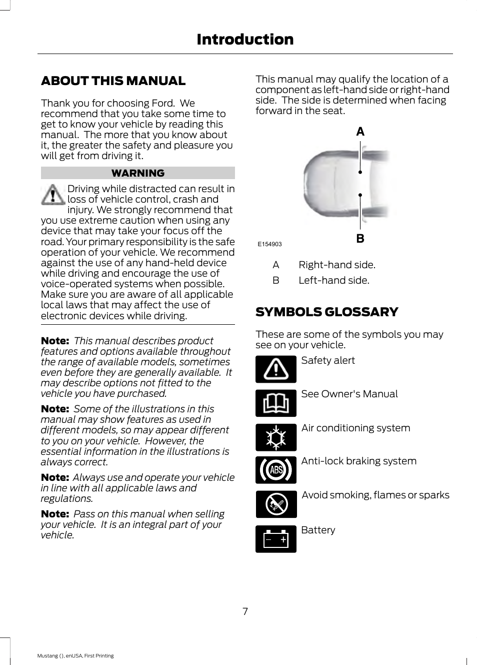 Introduction, About this manual, Symbols glossary | About this manual symbols glossary | FORD 2015 Mustang User Manual | Page 10 / 441