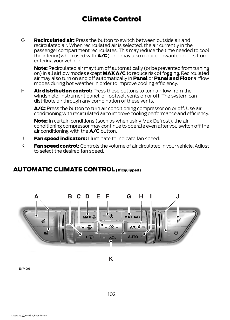 Automatic climate control, Climate control | FORD 2015 Mustang User Manual | Page 105 / 441