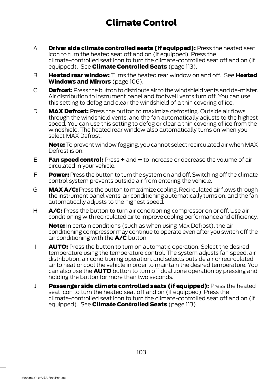 Climate control | FORD 2015 Mustang User Manual | Page 106 / 441