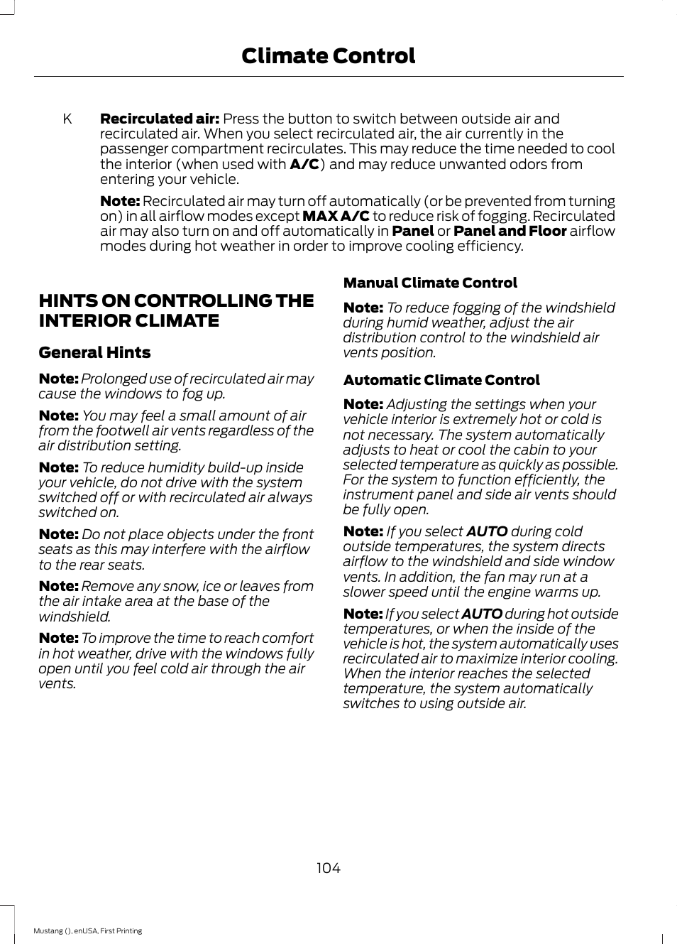 Hints on controlling the interior climate, Hints on controlling the interior, Climate | Climate control | FORD 2015 Mustang User Manual | Page 107 / 441