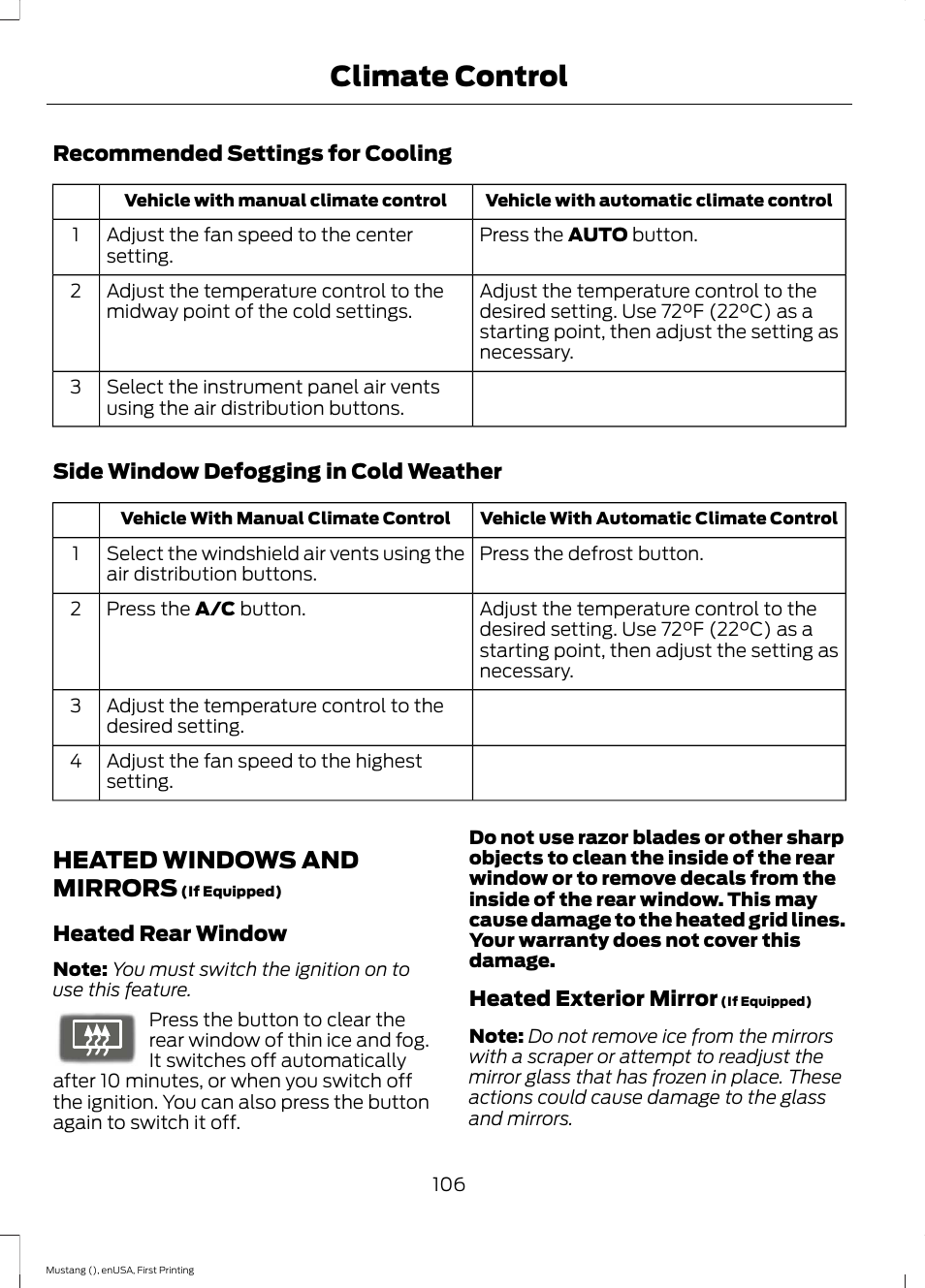 Heated windows and mirrors, Climate control | FORD 2015 Mustang User Manual | Page 109 / 441