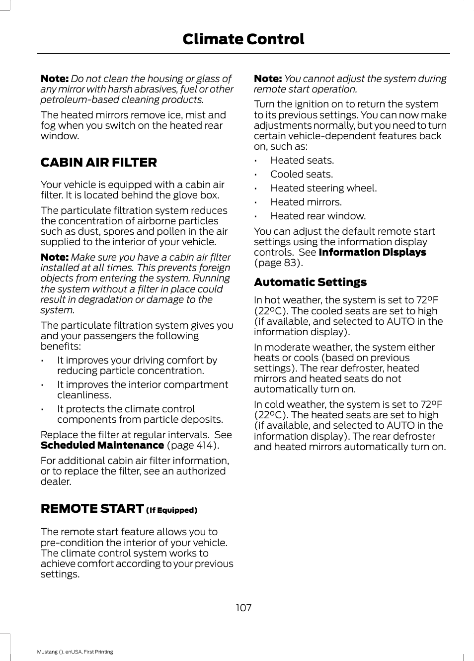 Cabin air filter, Remote start, Cabin air filter remote start | Climate control | FORD 2015 Mustang User Manual | Page 110 / 441