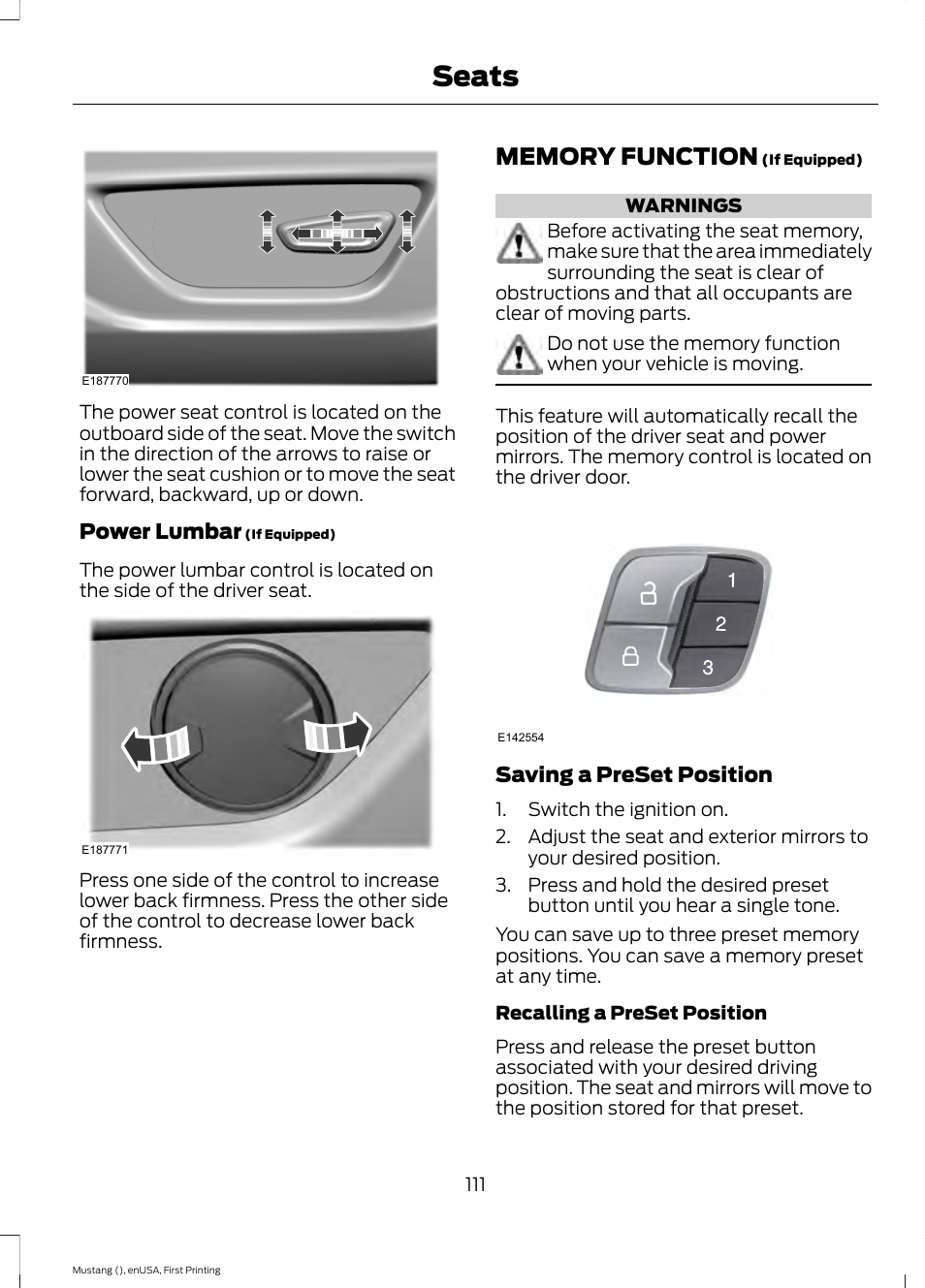 Memory function, Seats | FORD 2015 Mustang User Manual | Page 114 / 441