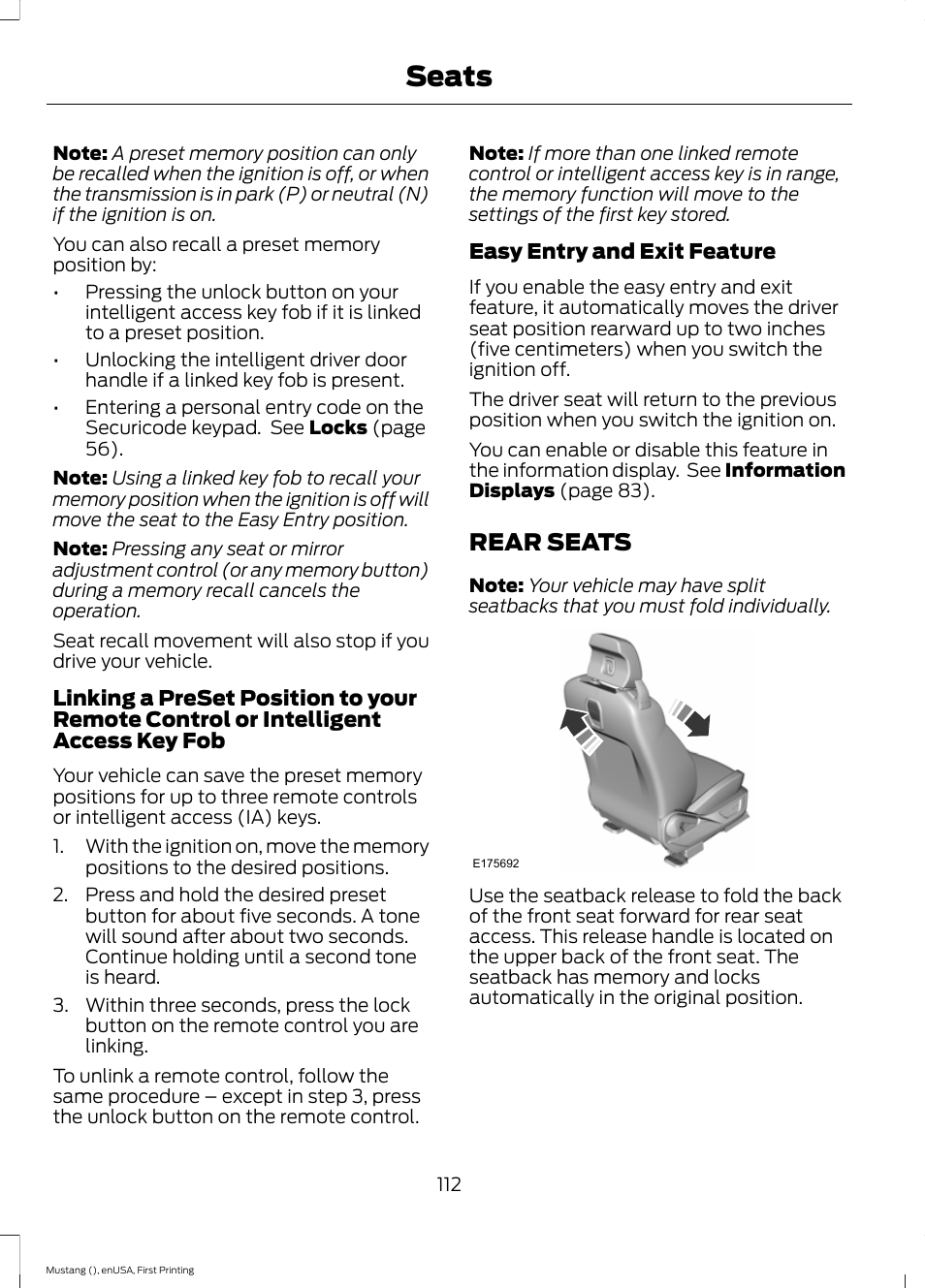 Rear seats, Seats | FORD 2015 Mustang User Manual | Page 115 / 441