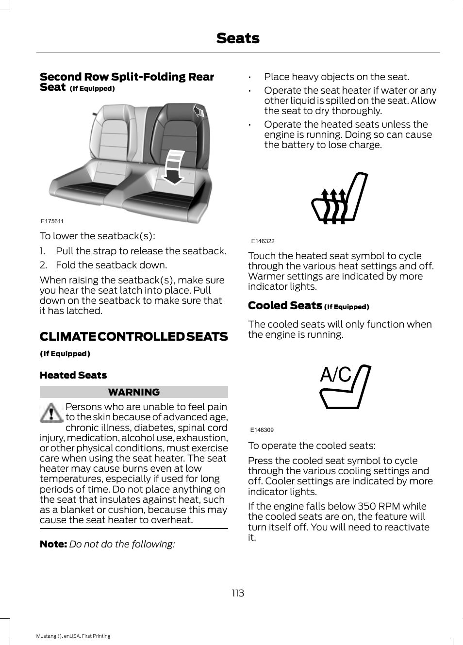 Climate controlled seats, Seats | FORD 2015 Mustang User Manual | Page 116 / 441