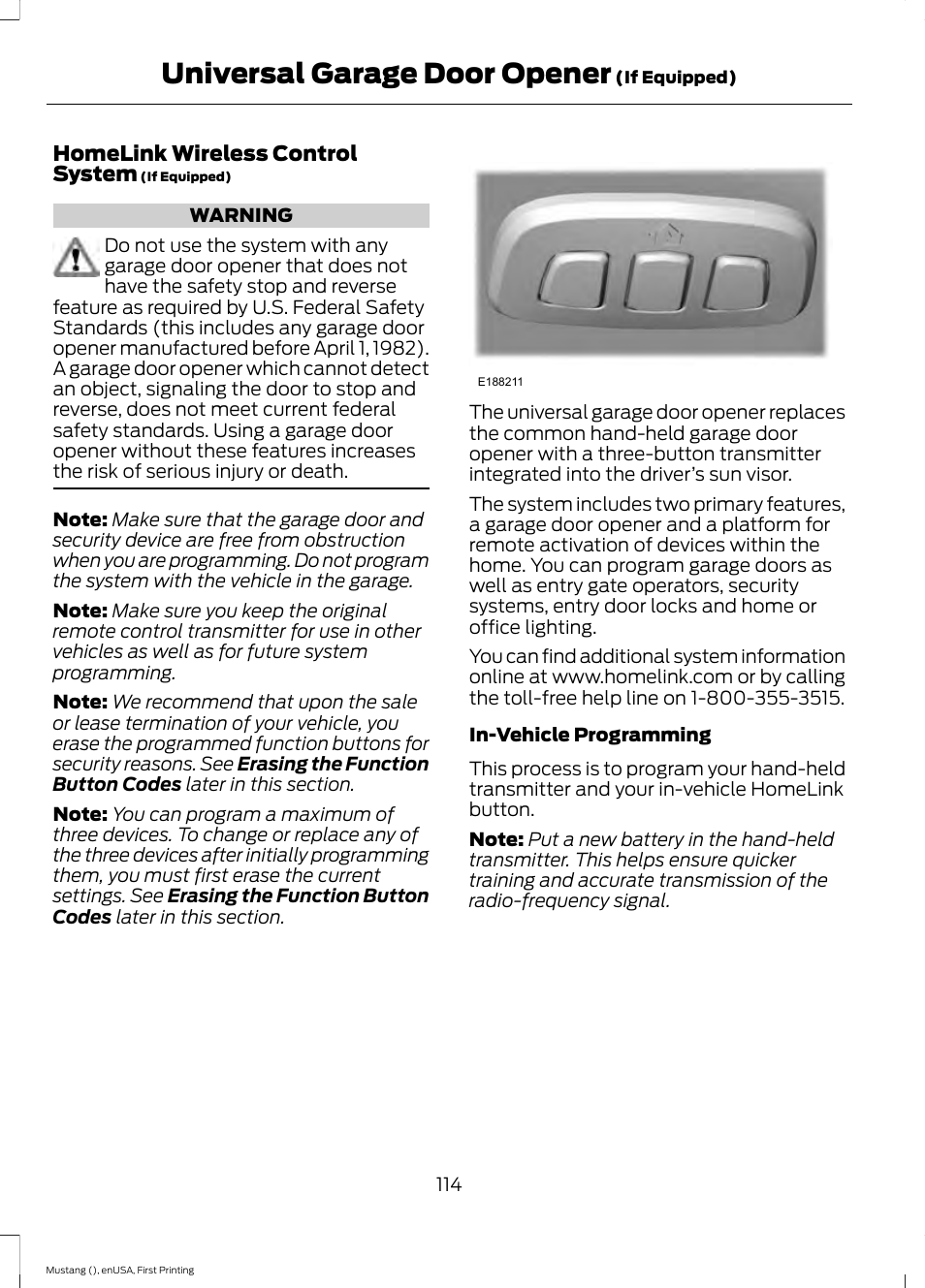 Universal garage door opener, Universal garage door, Opener | FORD 2015 Mustang User Manual | Page 117 / 441