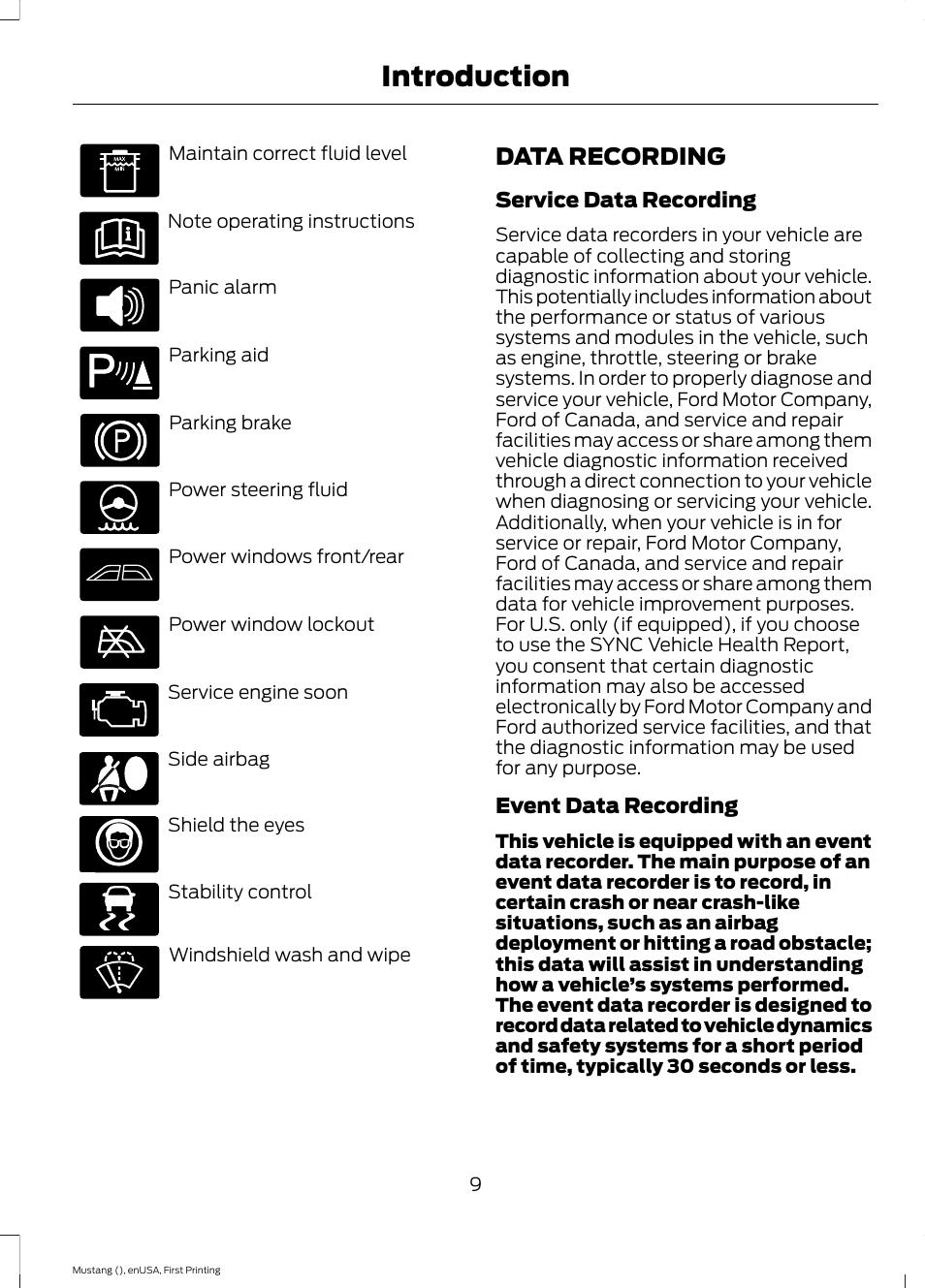 Data recording, Introduction | FORD 2015 Mustang User Manual | Page 12 / 441