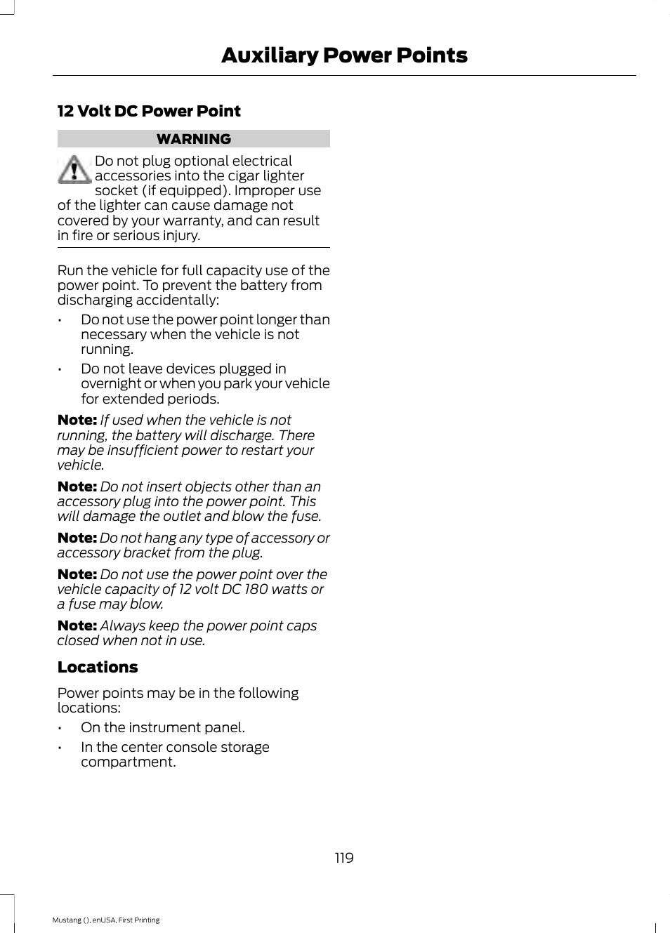 Auxiliary power points | FORD 2015 Mustang User Manual | Page 122 / 441