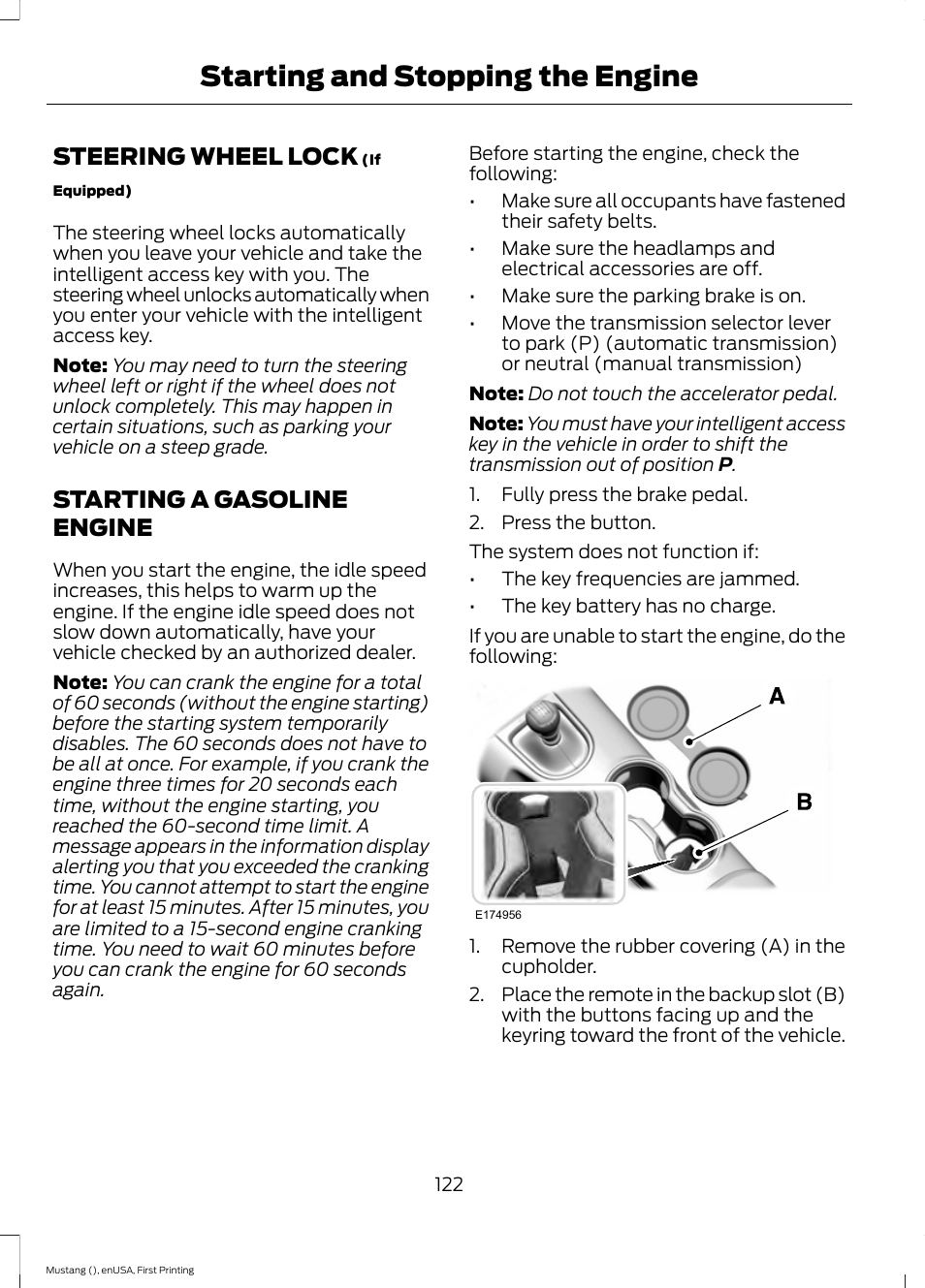 Steering wheel lock, Starting a gasoline engine, Steering wheel lock starting a gasoline engine | Starting and stopping the engine | FORD 2015 Mustang User Manual | Page 125 / 441