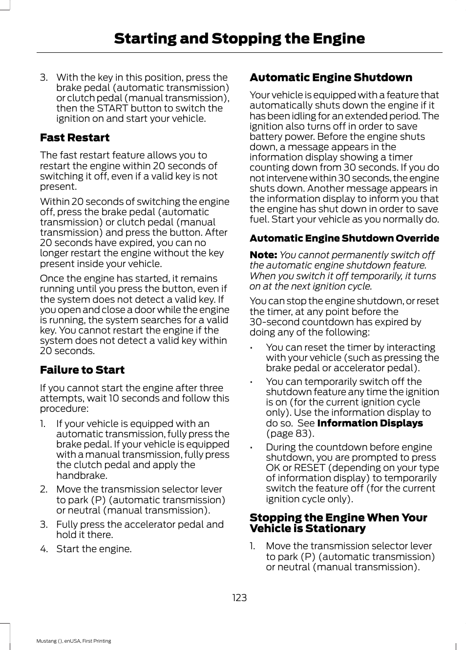 Starting and stopping the engine | FORD 2015 Mustang User Manual | Page 126 / 441