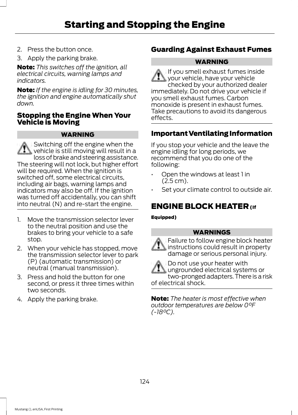 Engine block heater, Starting and stopping the engine | FORD 2015 Mustang User Manual | Page 127 / 441