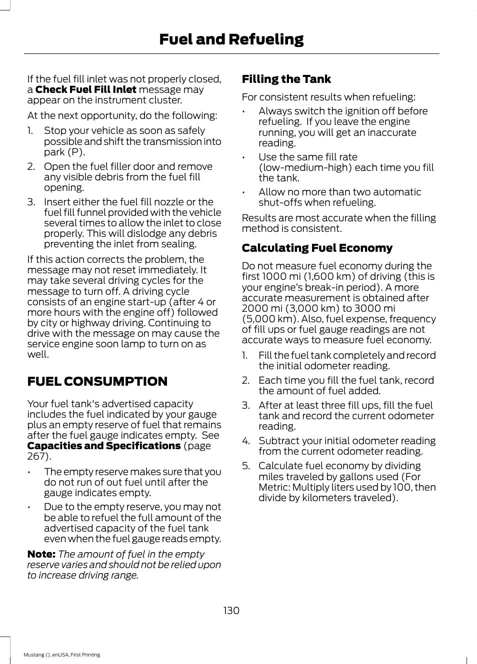Fuel consumption, Fuel and refueling | FORD 2015 Mustang User Manual | Page 133 / 441